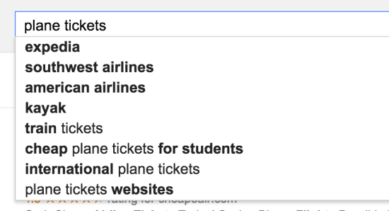 plane tickets related searches autocomplete